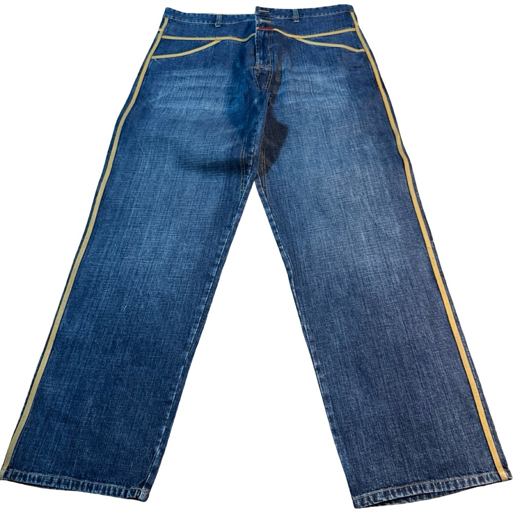 Vintage Y2K Marithé François Girbaud Jeans 42 Yellow Trim Stripe Wide Leg‎ Denim